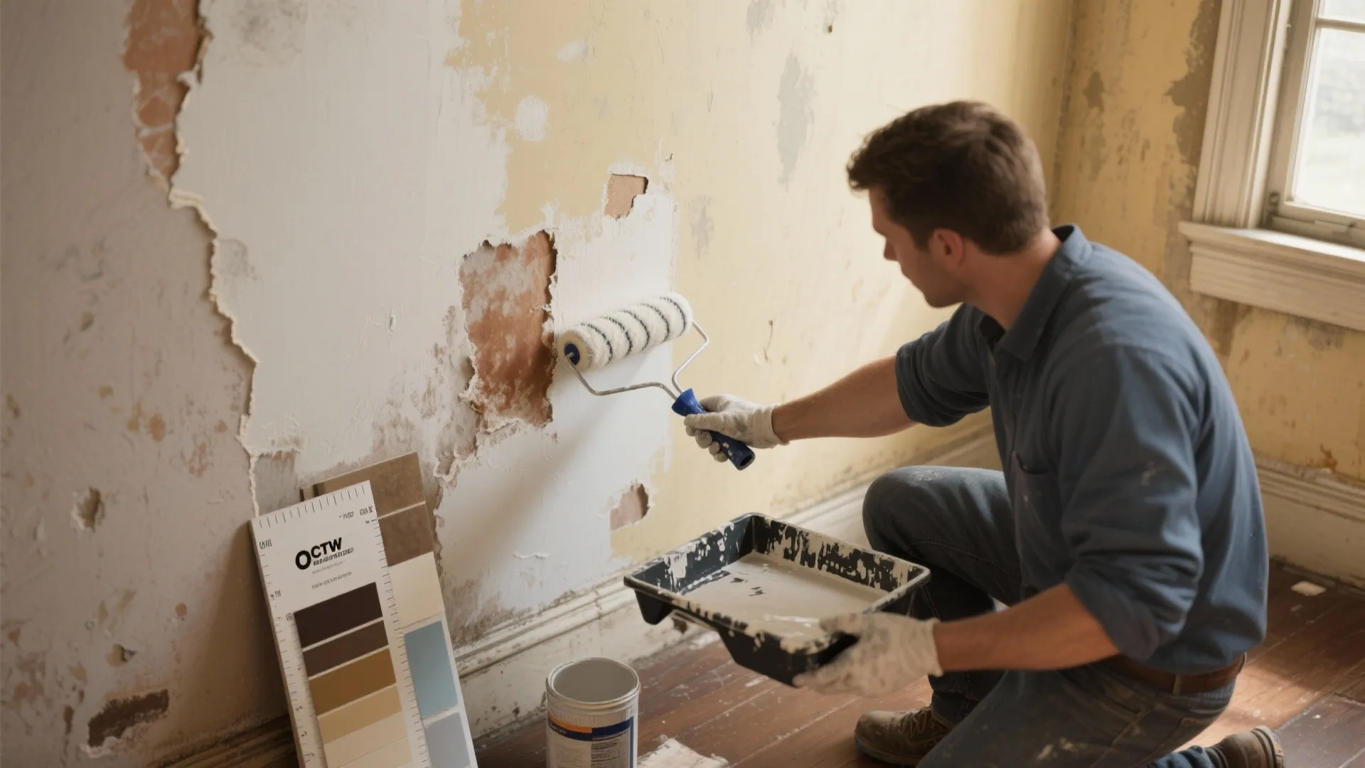 Man using a paint roller to apply white primer on a damaged old yellow wall