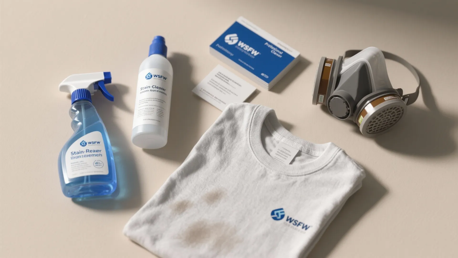 Stain remover cleaning spray and bottles with white tshirt and safety mask for removing tough stains