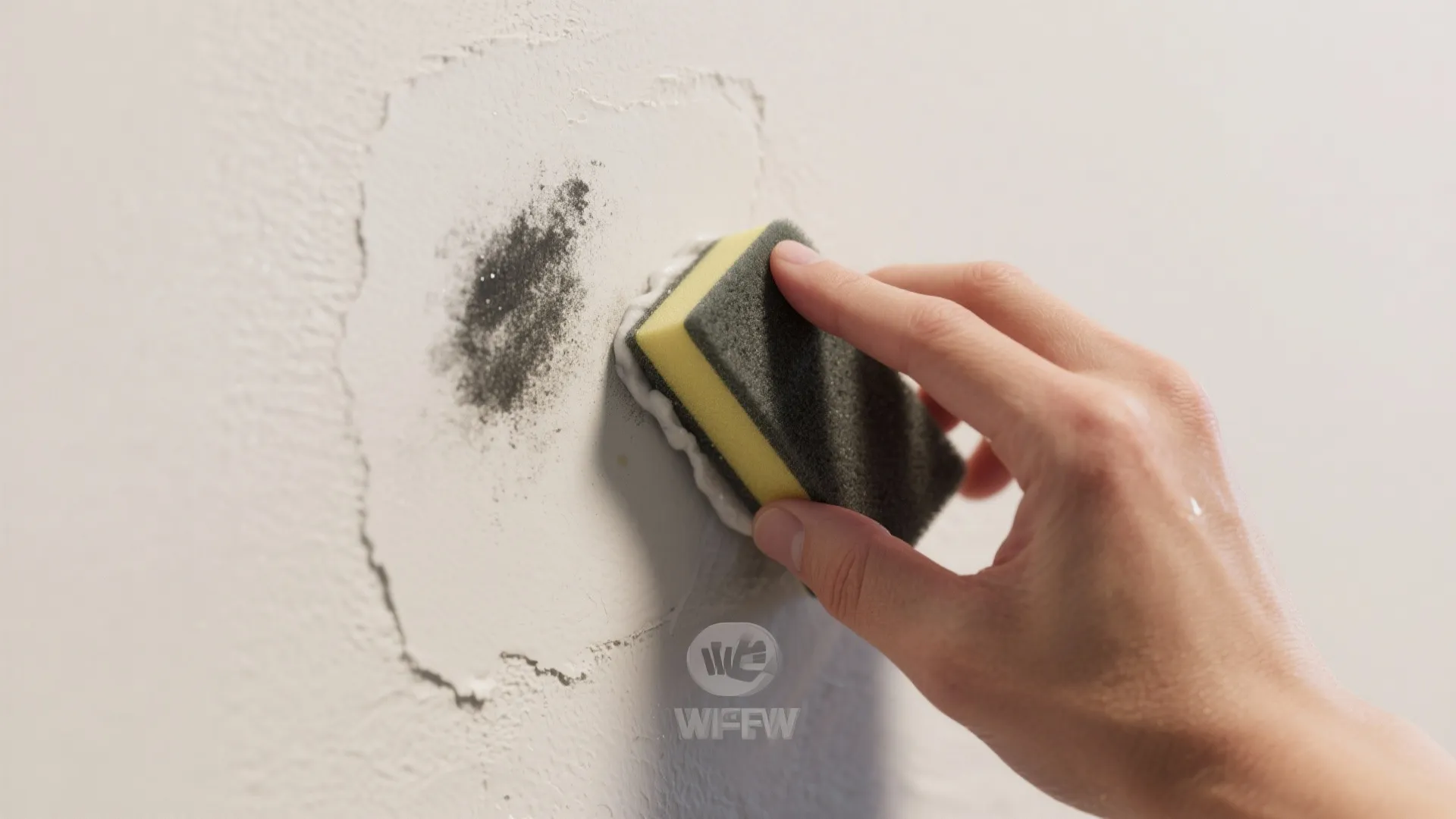 Person using a small sponge to clean a black stain on a white interior wall