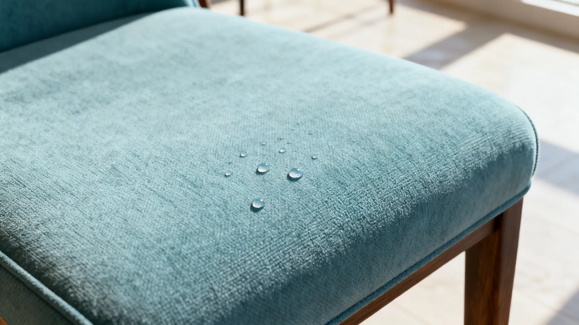 Close-up of stain-resistant microfiber upholstery with a water droplet beading.