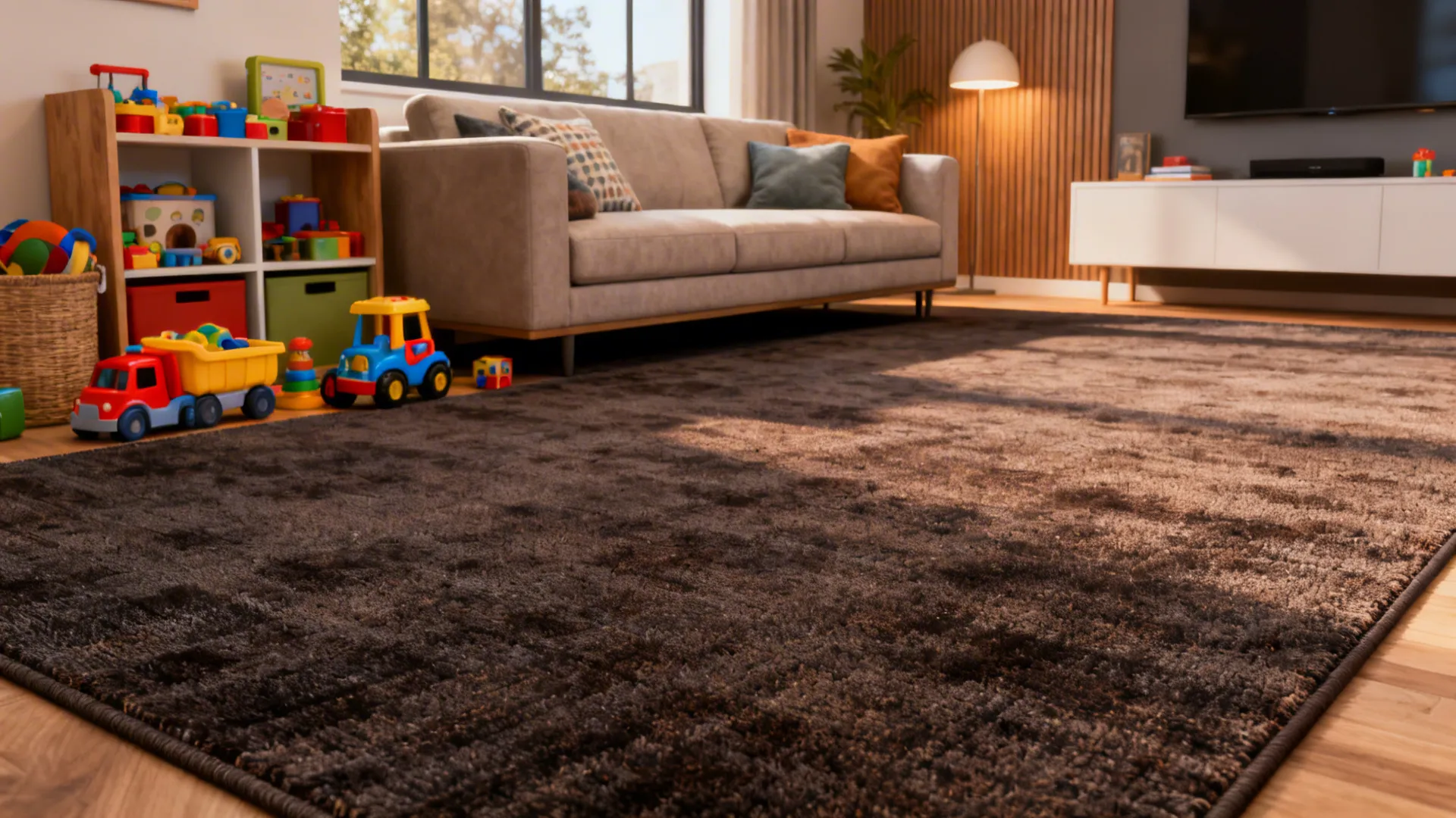 Family living room with a darker wool-blend rug designed for stain resistance