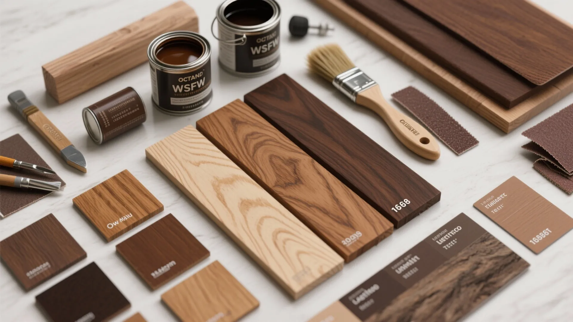 Collection of wood stain samples and paint cans with brushes and sandpaper on white surface