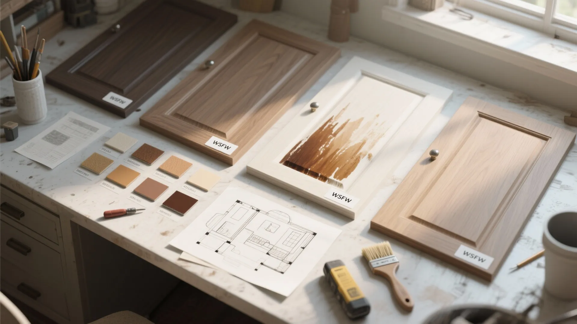 Cabinet door samples color swatches interior design drawing and painting tools on a marble table