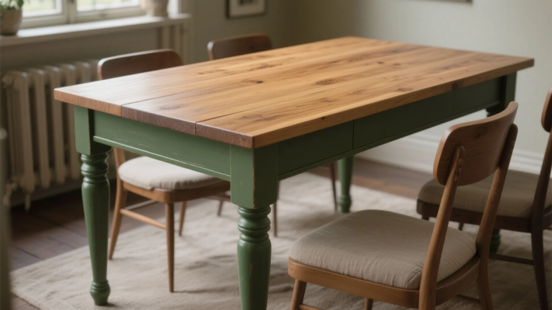 Wooden dining table with natural wood top and green painted legs surrounded by several chairs
