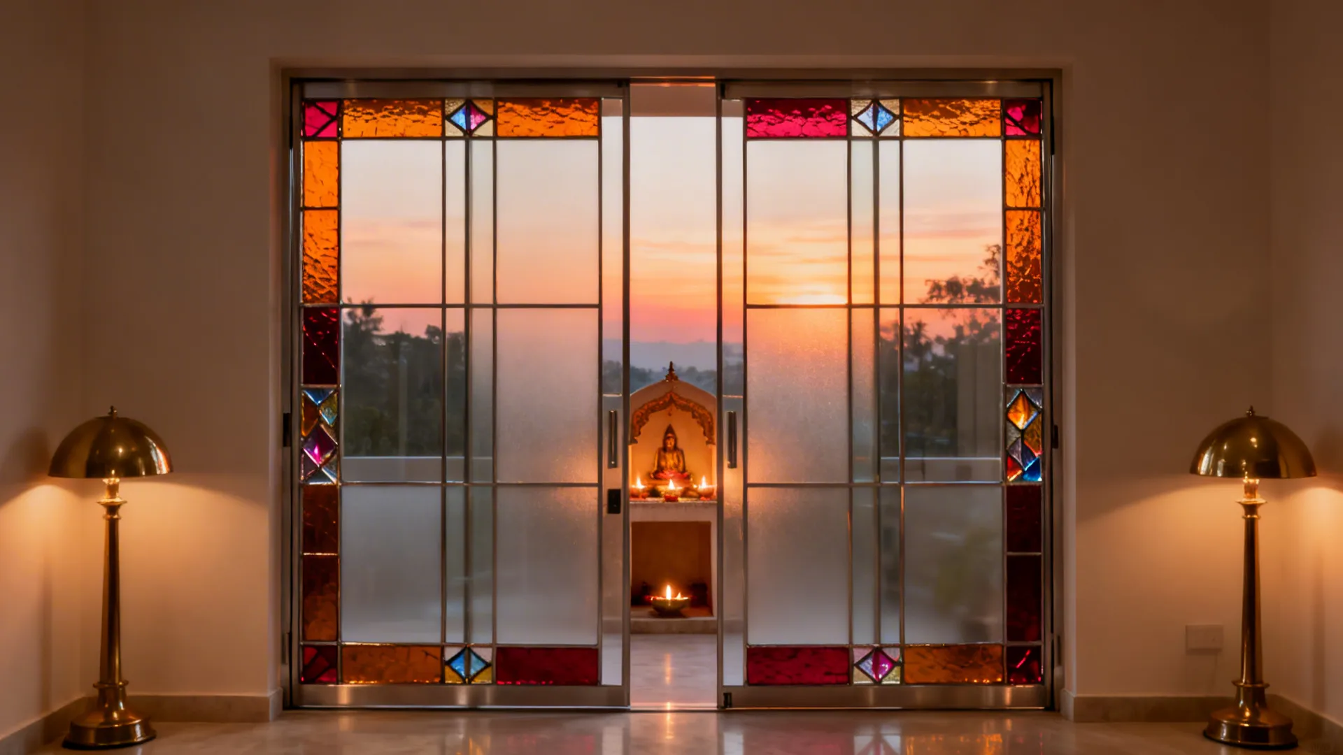 Minimal double doors with amber and ruby stained-glass border accents.
