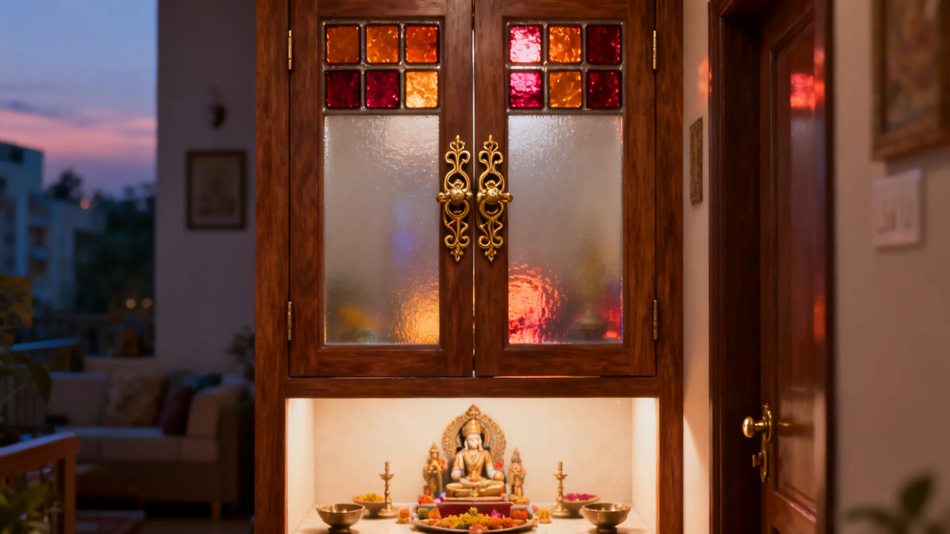 Pooja doors with amber and ruby stained-glass inserts and filigree brass handles glowing at dusk.