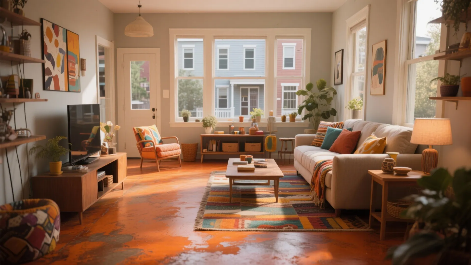 Cozy living room with orange floors white sofa colorful rug and large sunlit glass windows
