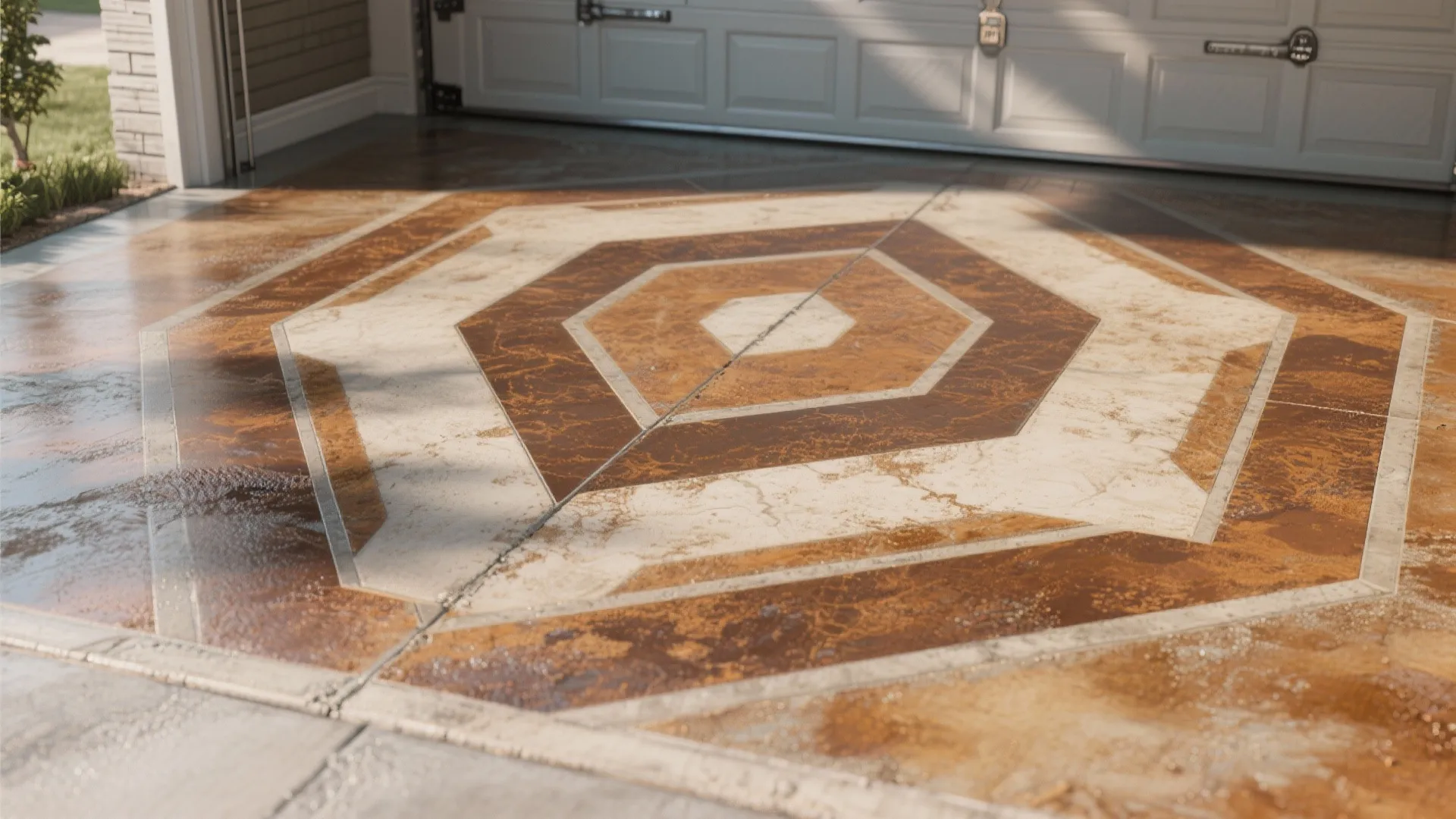 Close up of garage floor with brown and cream hexagonal geometric pattern in polished finish
