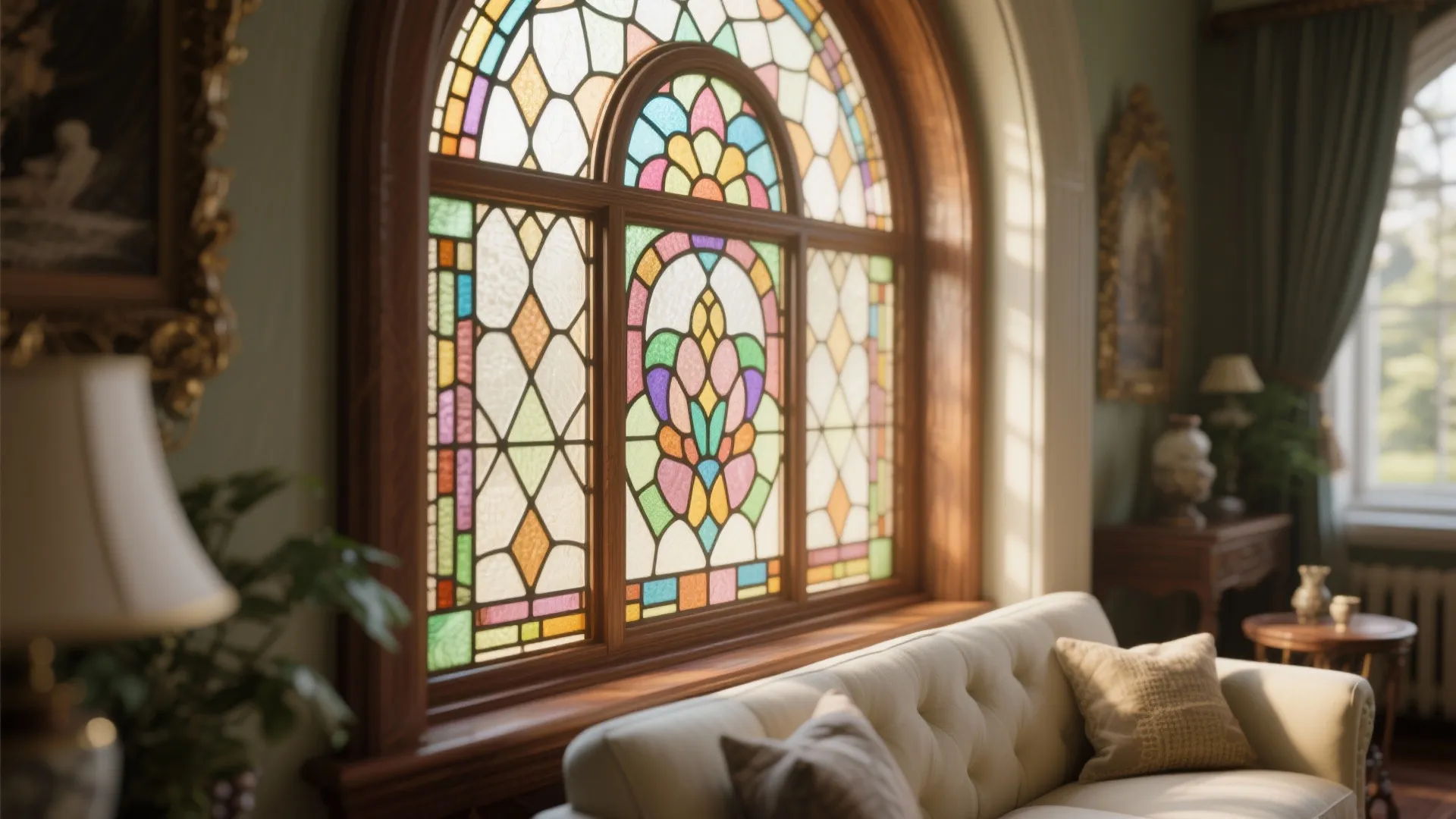 Colorful arched stained glass window behind white sofa with pillows in a bright living room