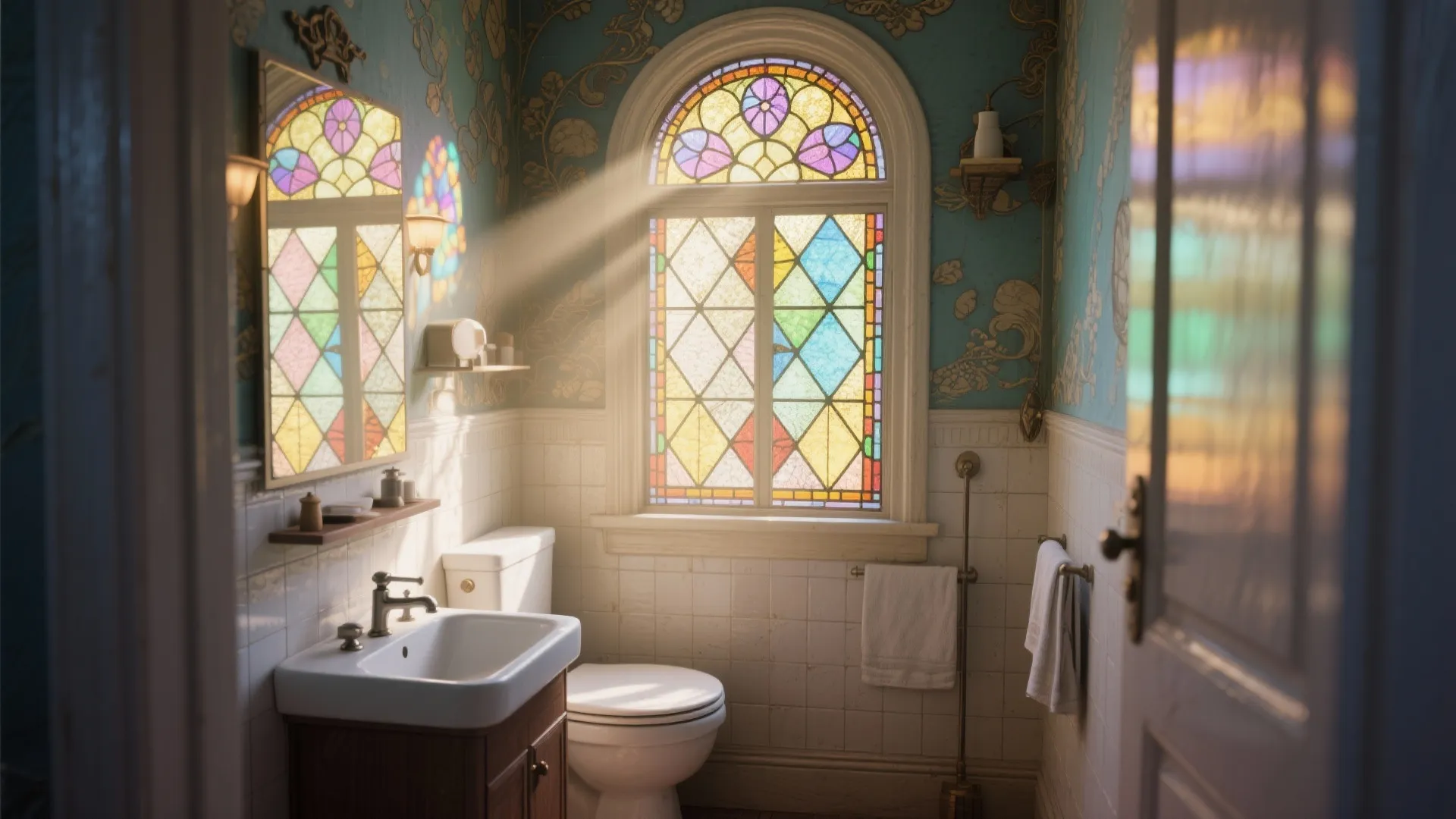 Bathroom with vintage stained glass window adding character