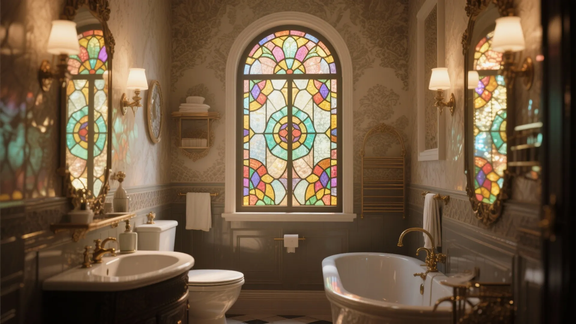 Vintage luxury bathroom with colorful stained glass window gold wall light fixtures bathtub and pattern wallpaper