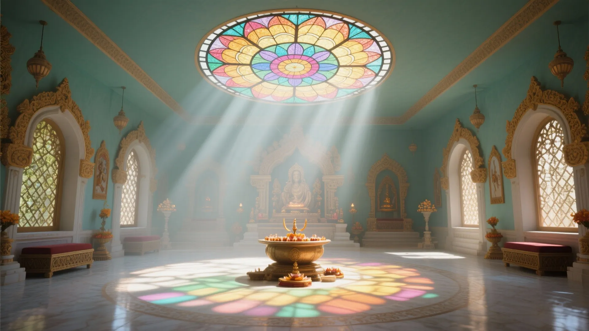 A large room with blue walls and colorful glass ceiling light and white marble floor