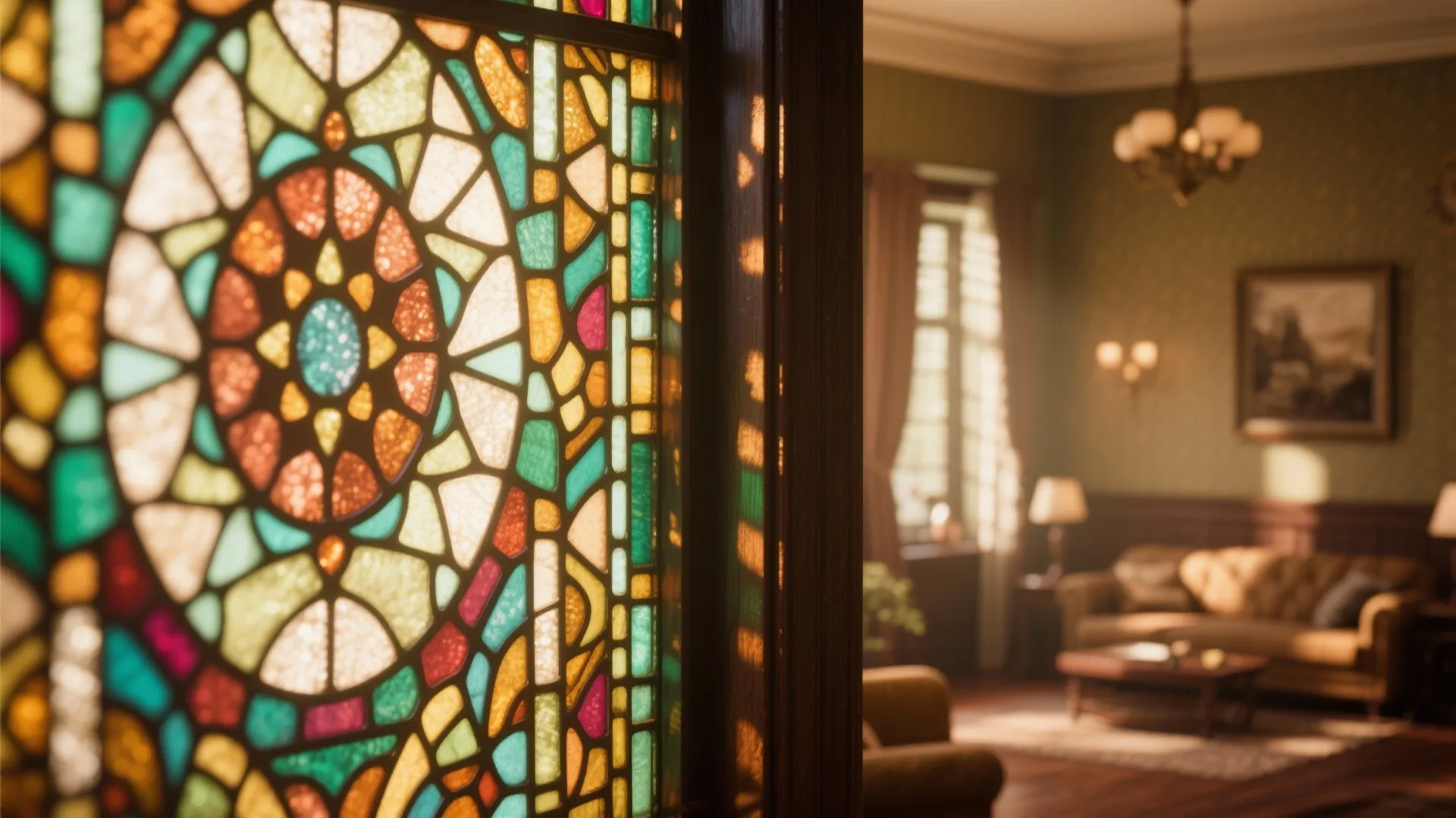 Detailed view of colorful glass window pattern with a blurred warm living room in the background