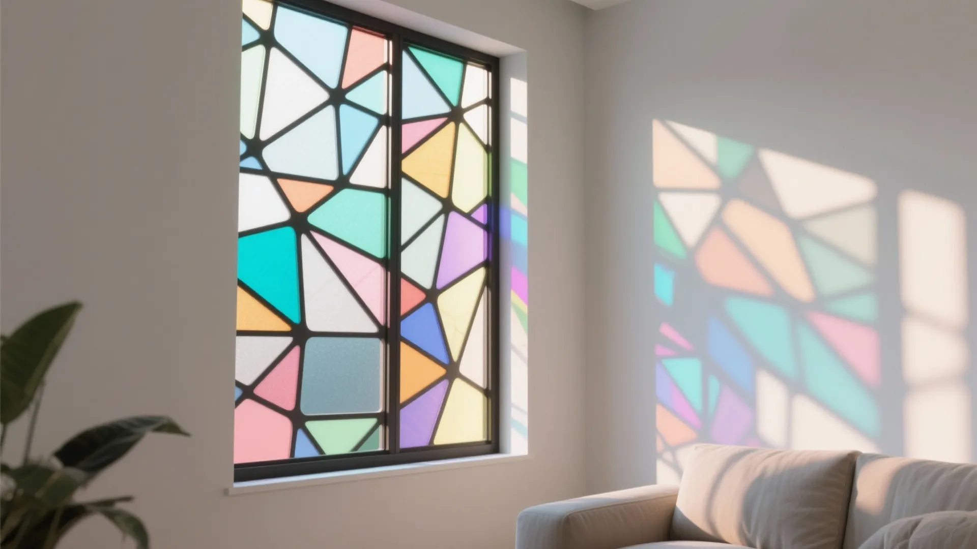 Close-up of modern stained glass window casting colorful light