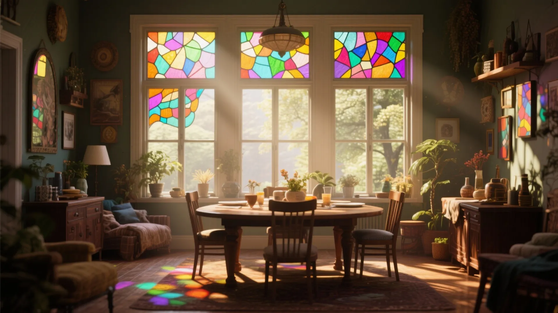 Cozy dining room with colorful stained glass windows casting bright light on a wooden table setup