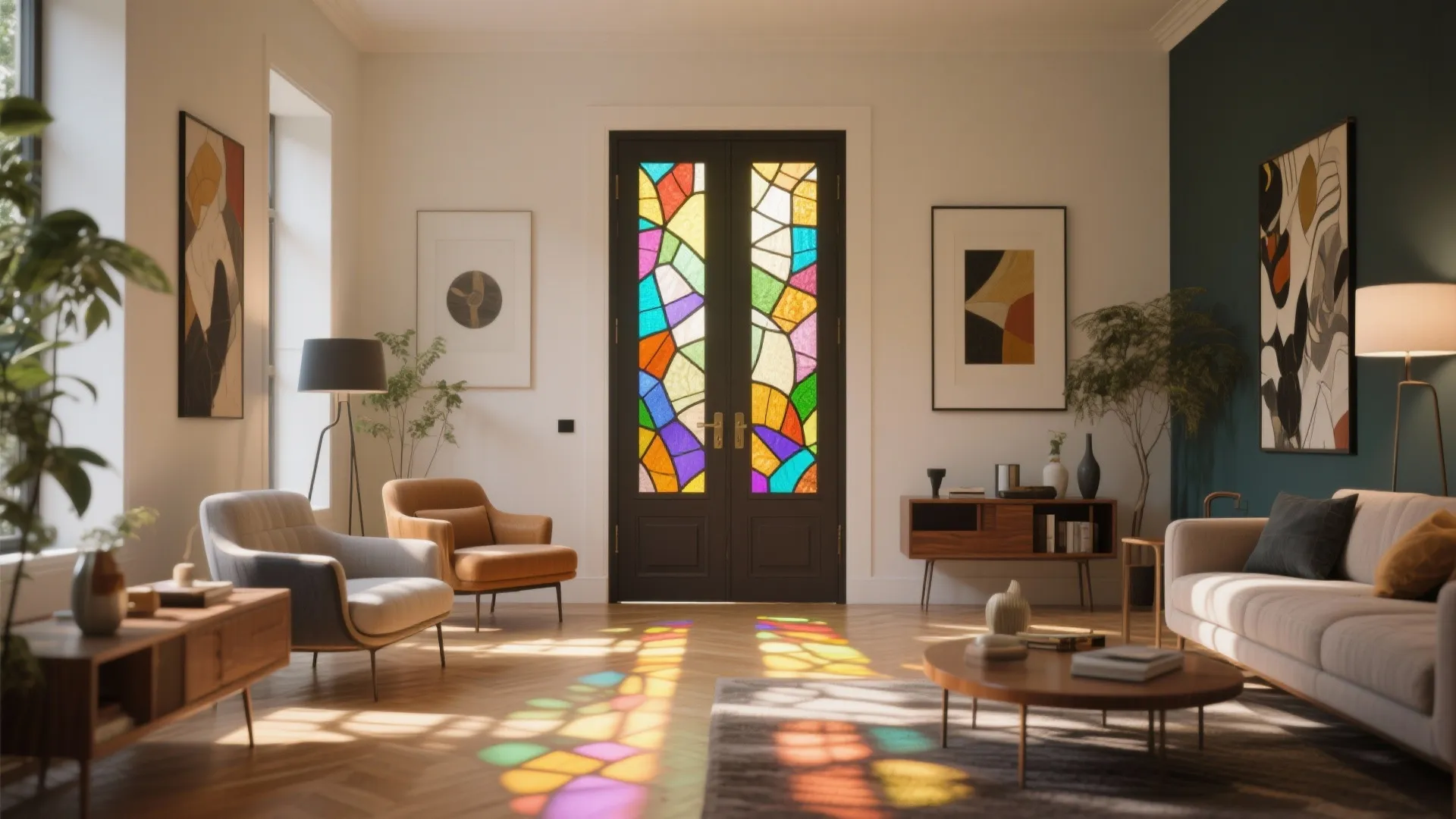 Living room with colorful stained glass door casting bright light patterns on the warm floor
