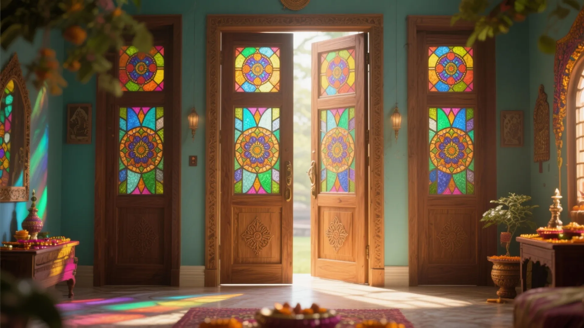 Double Swing Doors with Stained Glass Insets