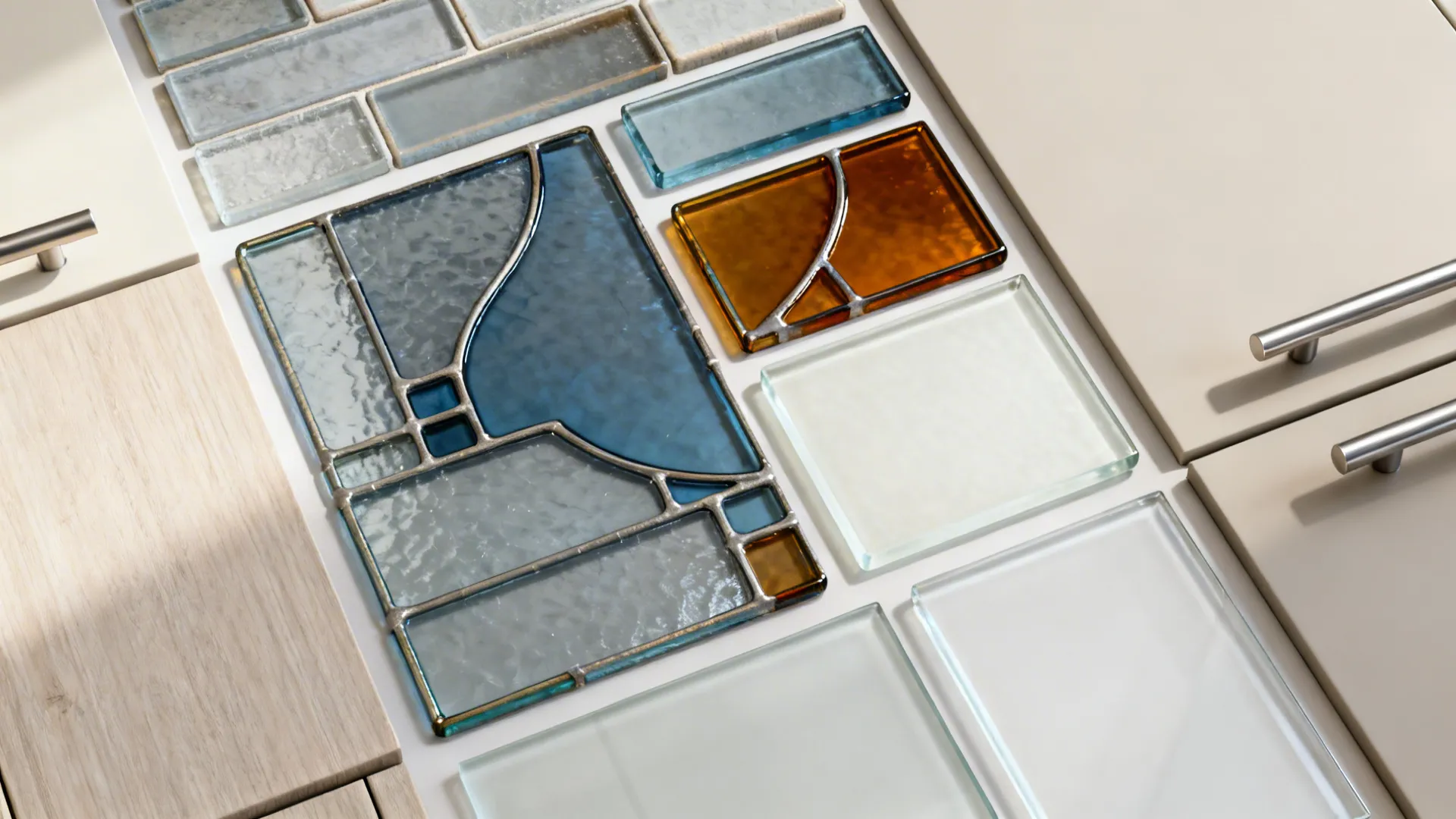Top-down material flatlay pairing stained glass hues with neutral cabinetry, metal hardware, and backsplash samples.