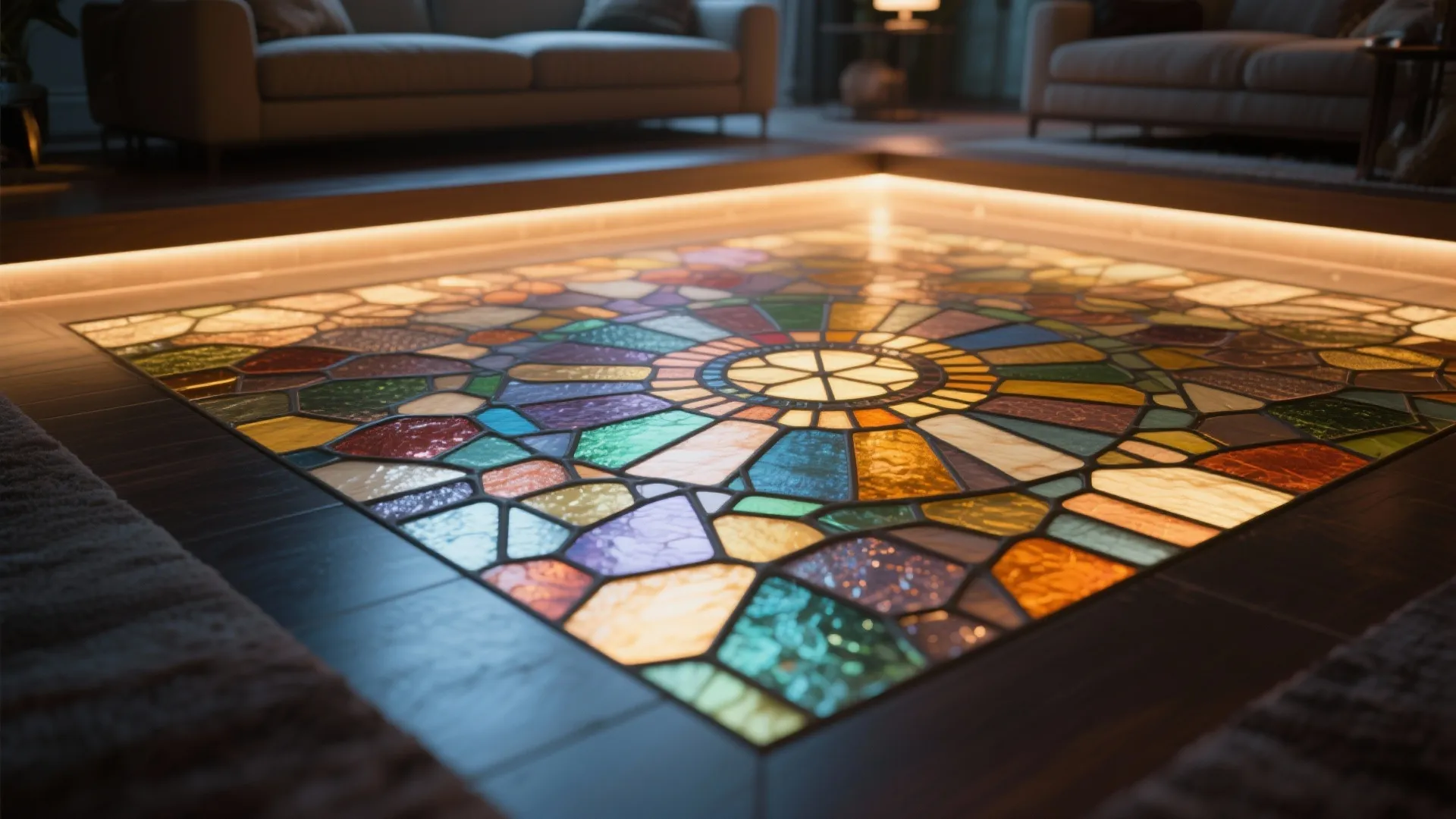 Colorful stained glass floor panel with warm lighting in a dark modern living room interior