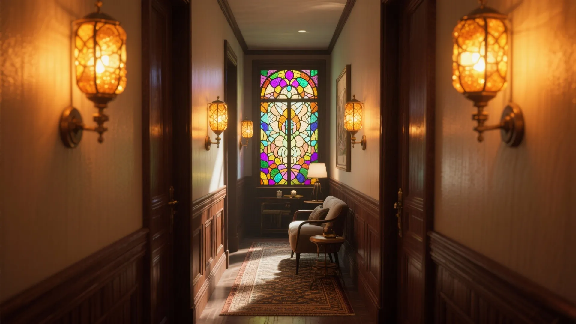Classic hallway with colorful stained glass window warm wall light wood wall panel and small sofa