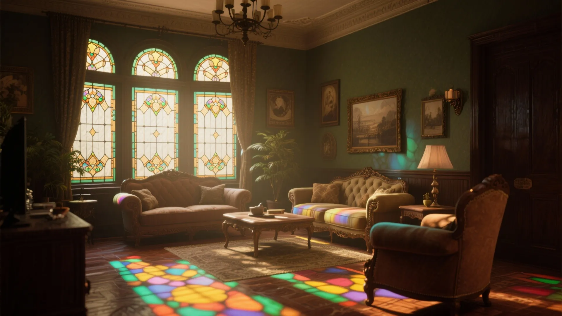 Vintage living room with green walls classic sofas stained glass windows ceiling light and wooden floor
