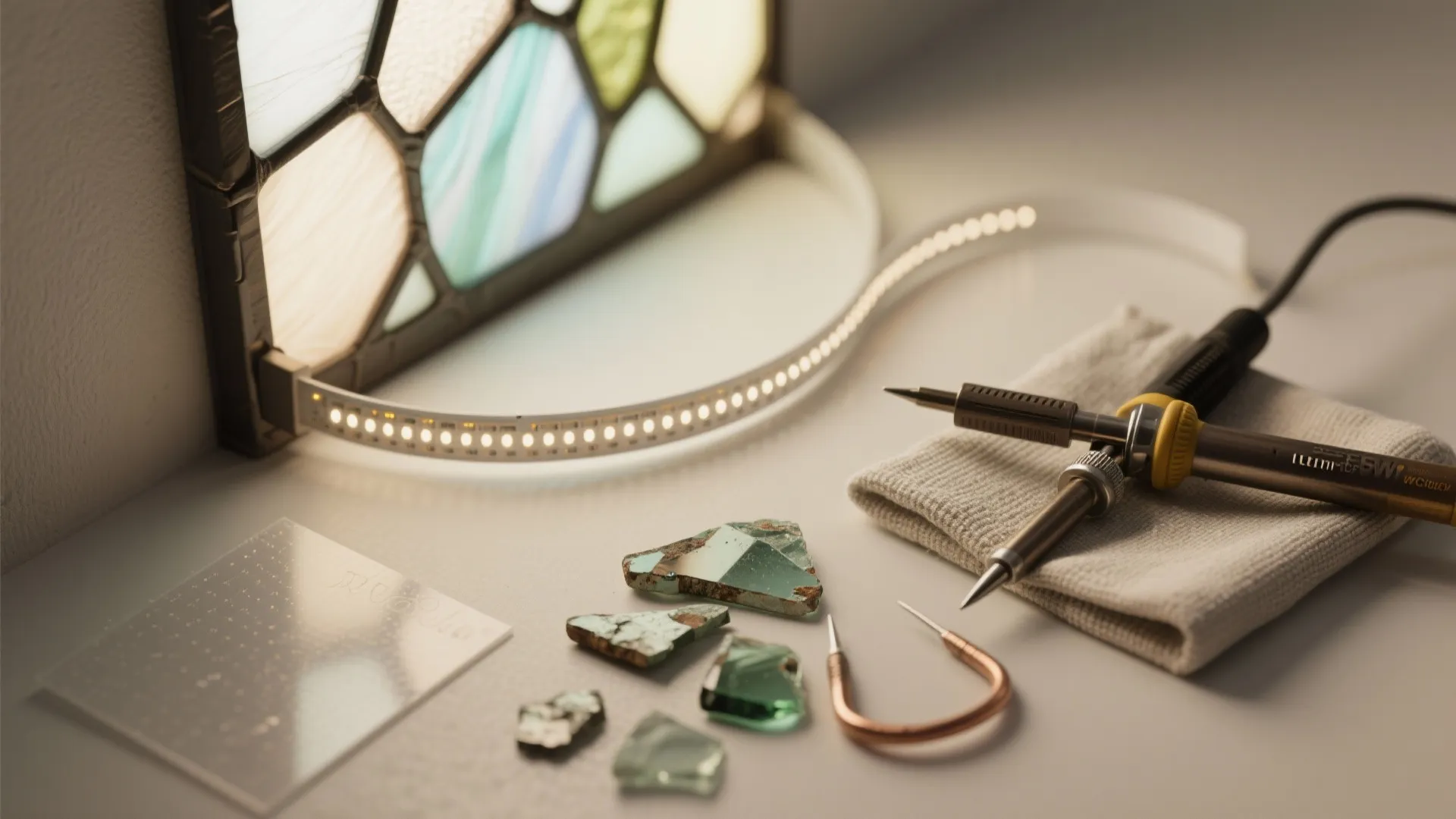 Tools and materials for stained glass wall lights: LED strip, diffusion sheet, glass fragments and soldering tip.