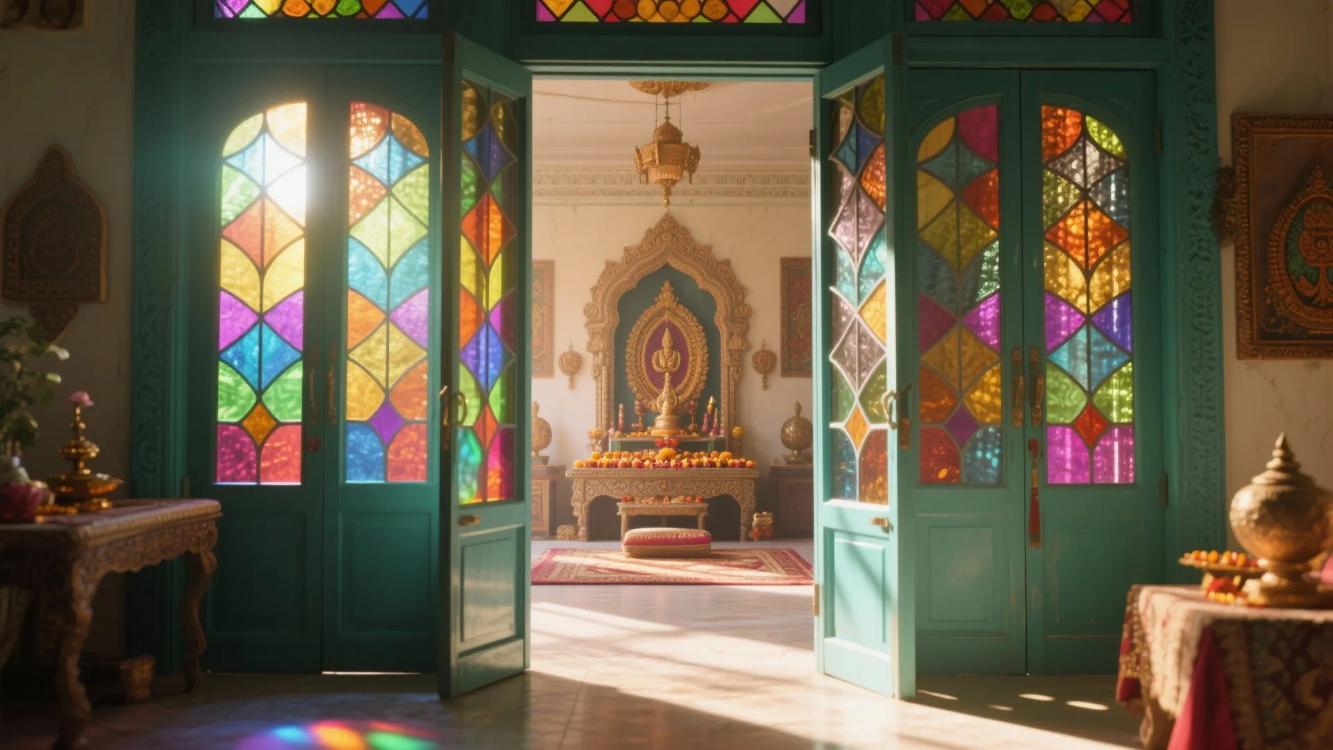 Glass Pivot Doors with Colored Stained Glass Insets