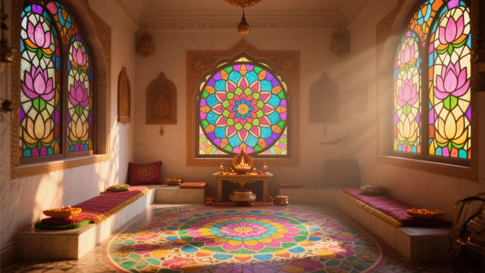 Bright prayer room with colorful flower stained glass windows patterned floor rug and low seating benches