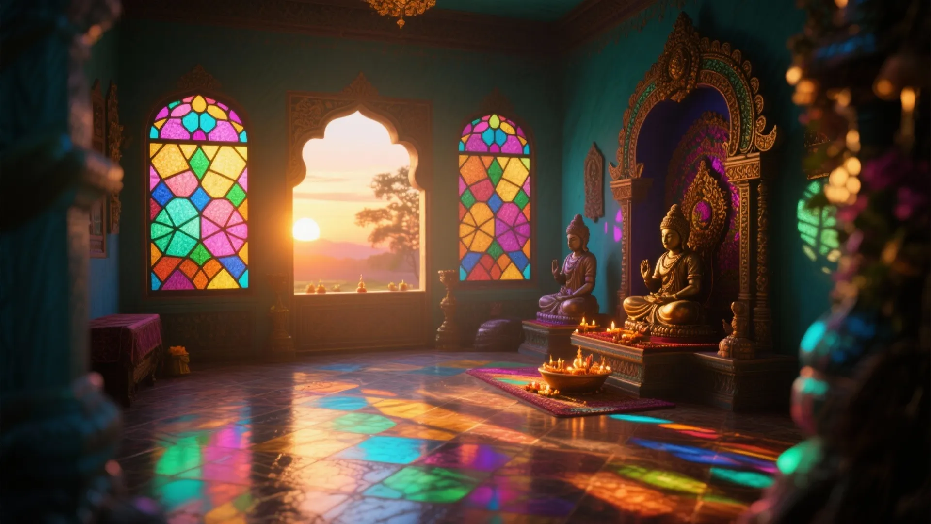 Colorful interior prayer room with stained glass windows golden statues and sunset light on floor