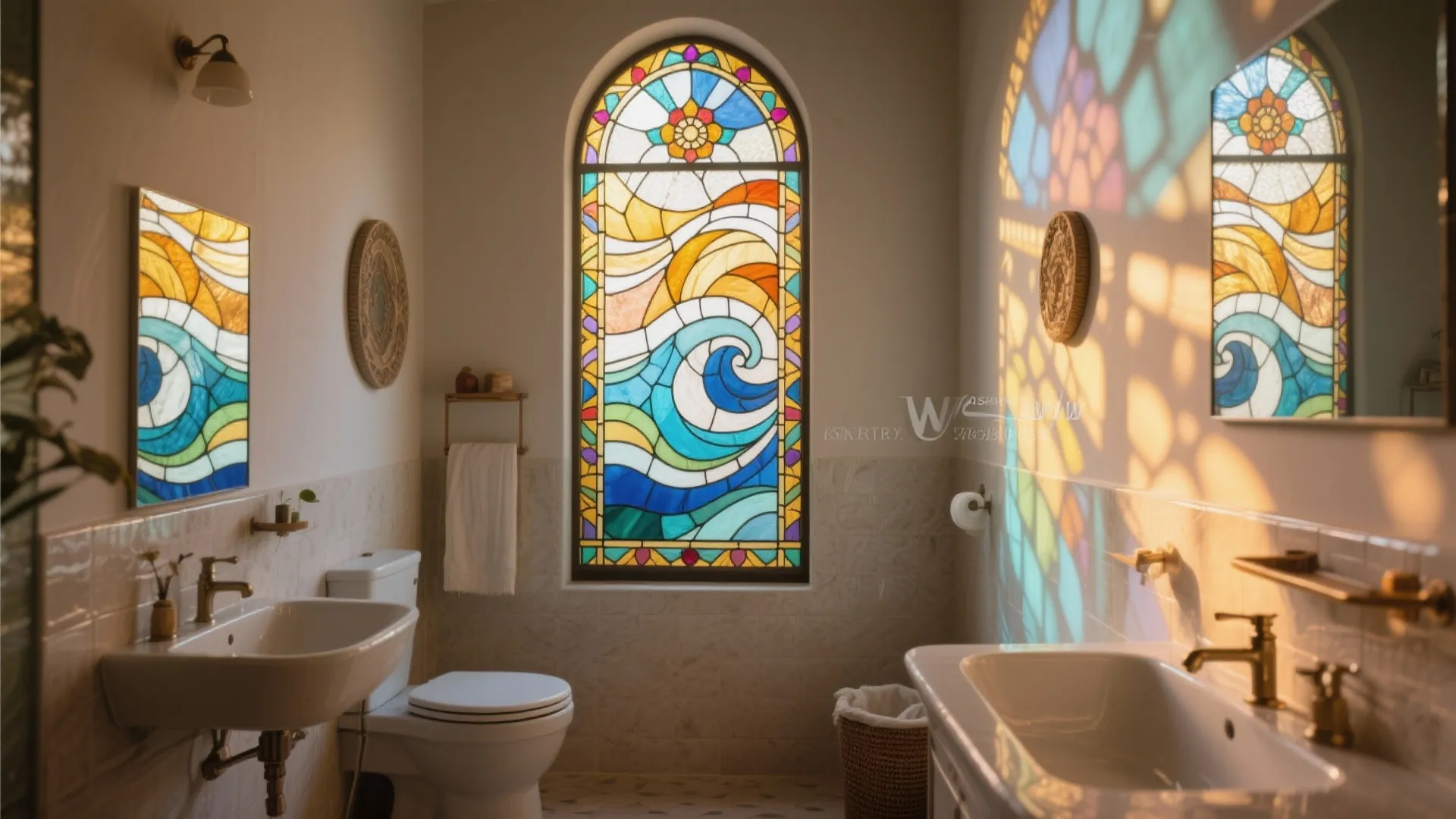 Bright bathroom with colorful wave pattern stained glass window casting light on white tiled walls