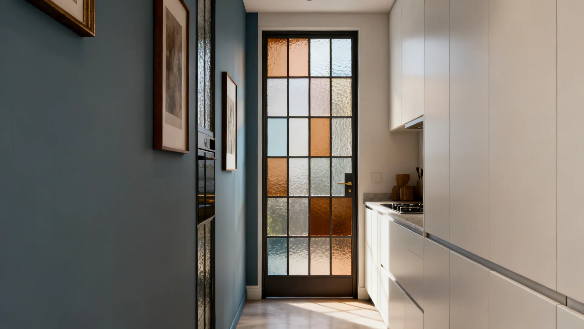 Contemporary stained glass kitchen door with smoke blue, tea amber, and milk white blocks in a narrow corridor.