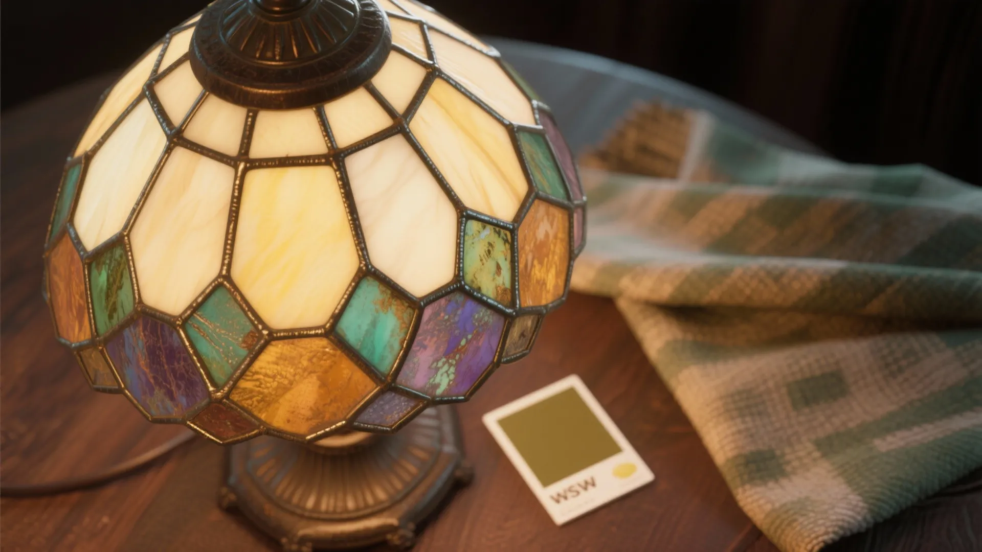 Close-up of stained glass and textile swatches showing color coordination tips.