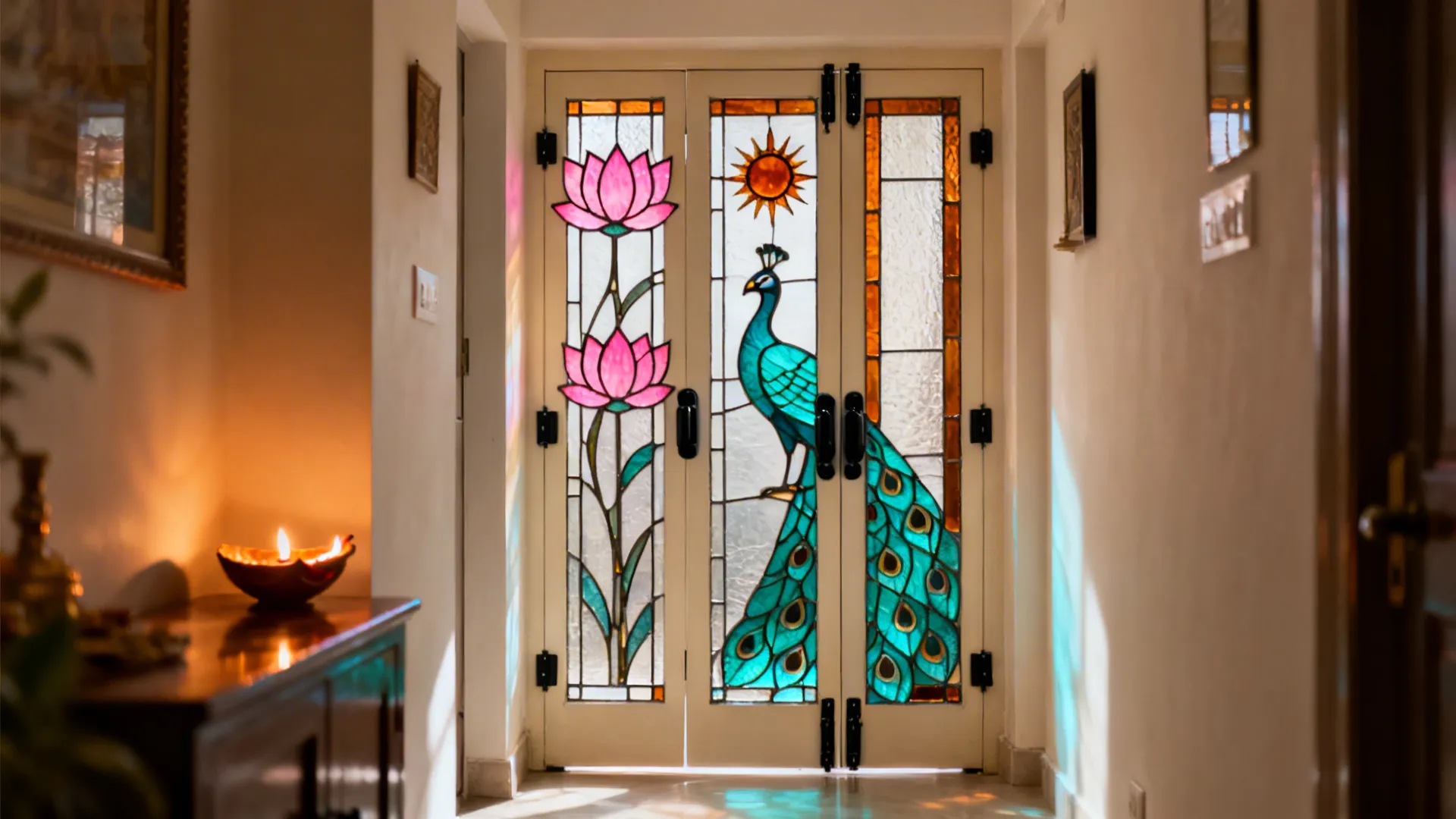 Triptych pooja door with lotus, peacock, and amber sunburst stained glass panels.