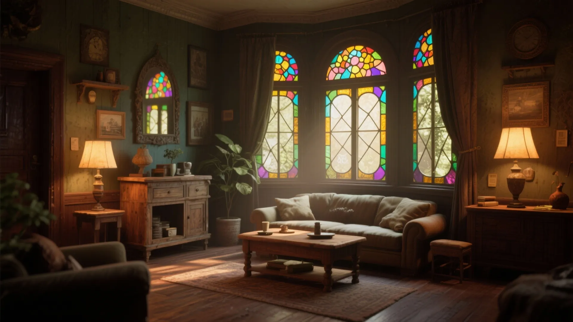 Vintage style living room featuring colorful stained glass windows a green sofa and wooden furniture