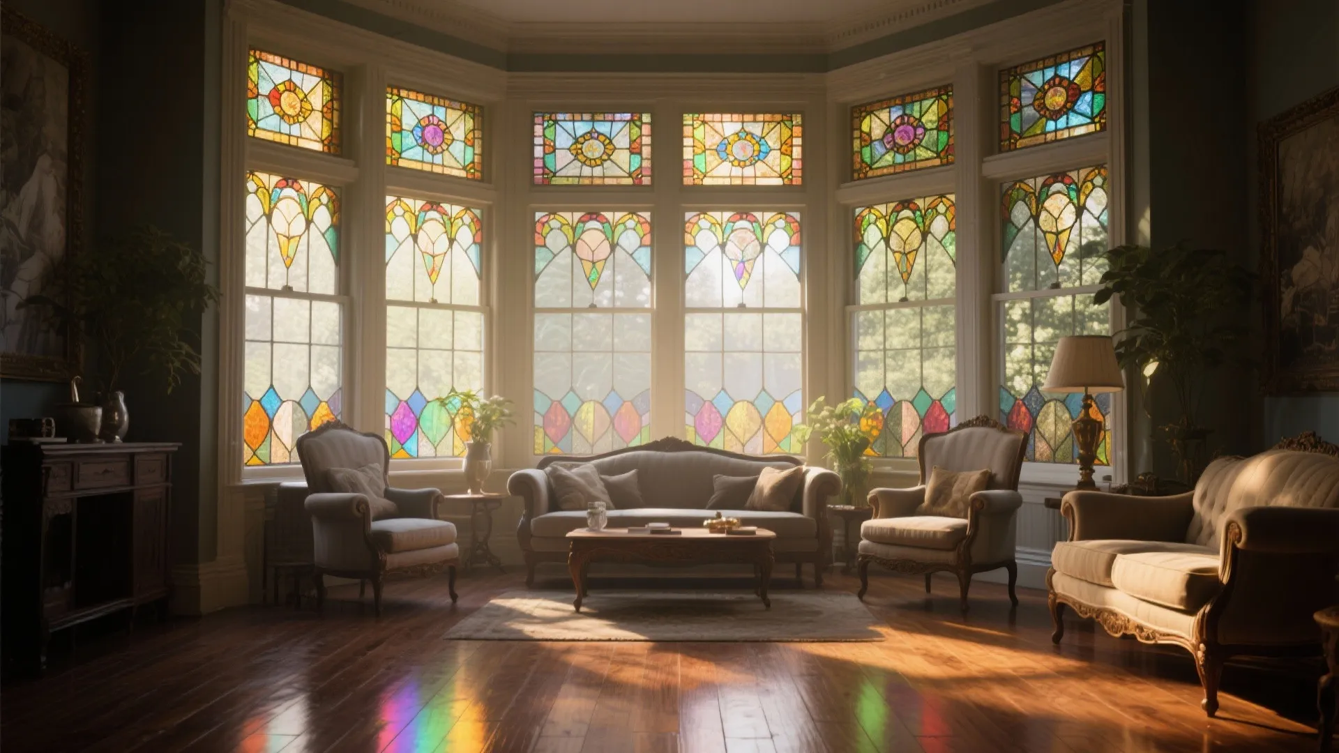 Classic living room featuring large colorful stained glass windows elegant sofa and polished wooden floor