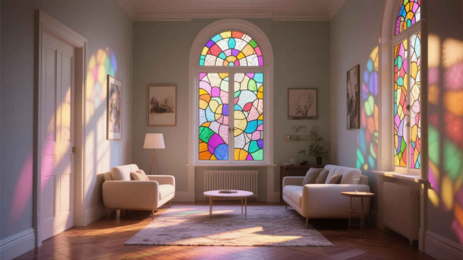 Bright living room featuring colorful stained glass windows white sofas a coffee table and rug