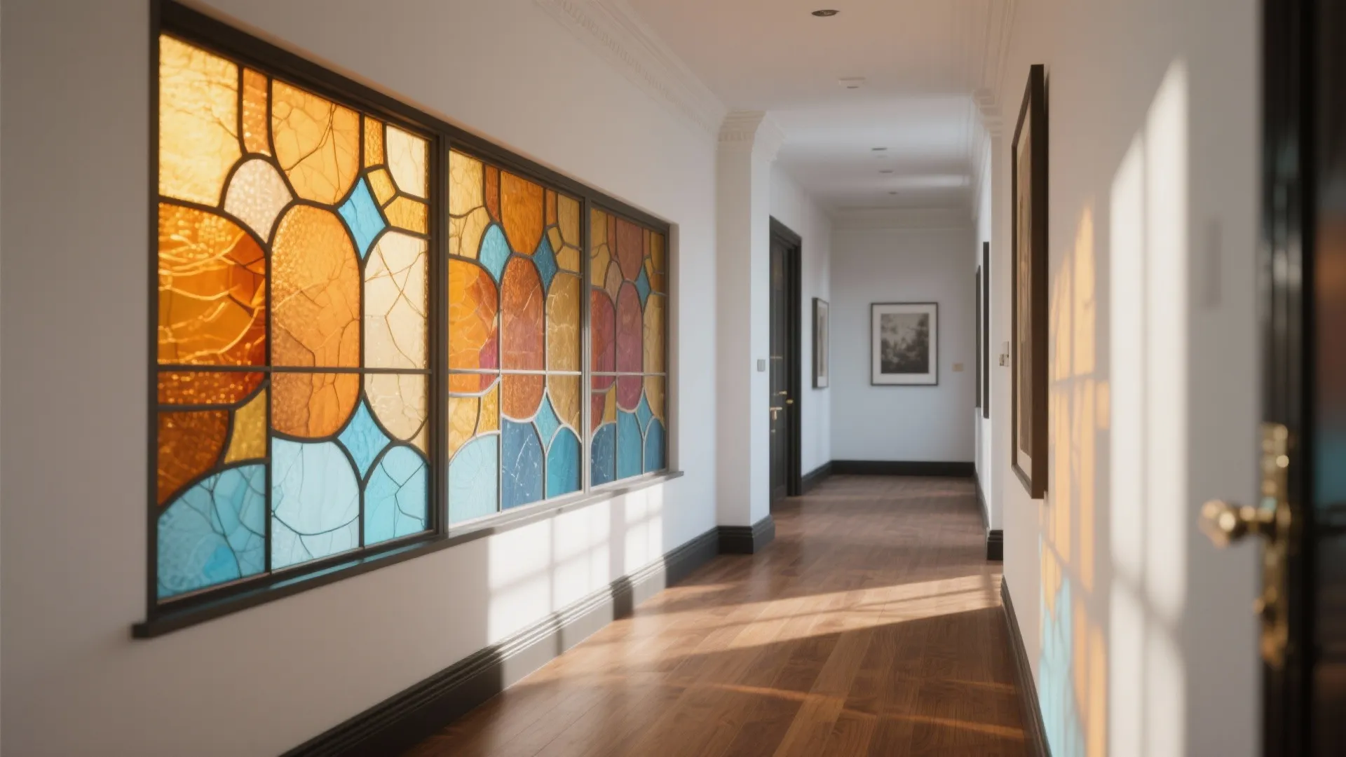 Long hallway with colorful glass window on wall wooden floor white walls and framed art