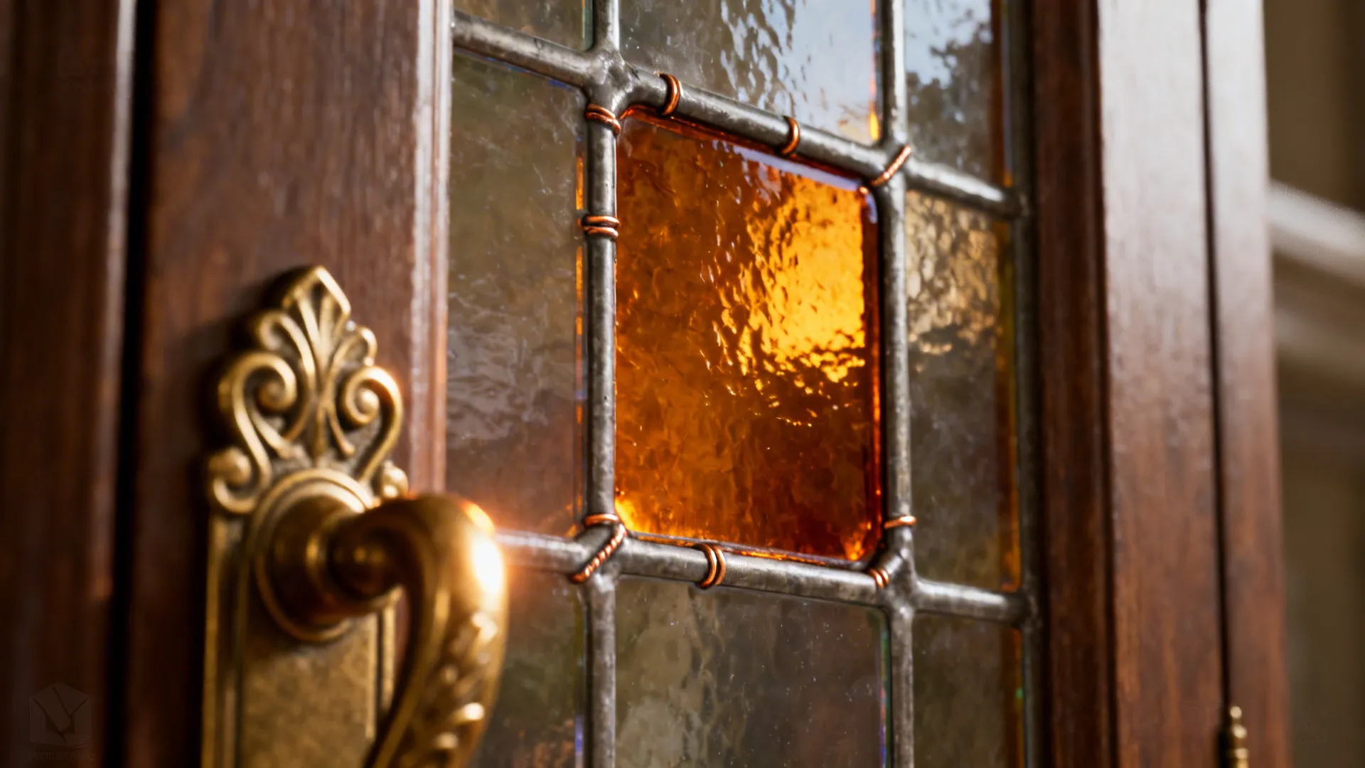 Close-up of amber stained-glass insert with a filigree brass handle on a pooja door.