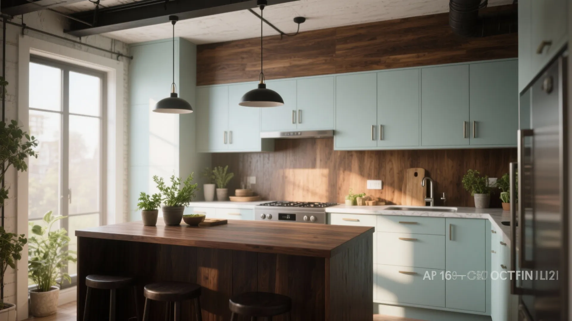 3. Mix materials — stained island, painted upper cabinets