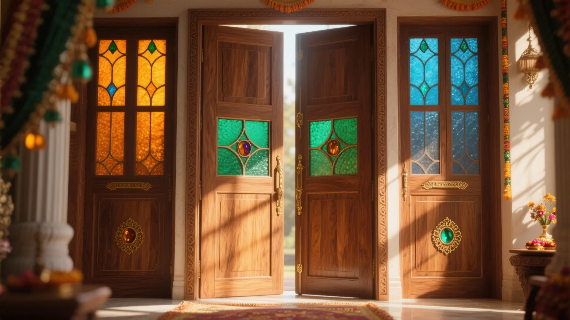 Stained-Glass Accents and Solid Oak Panels