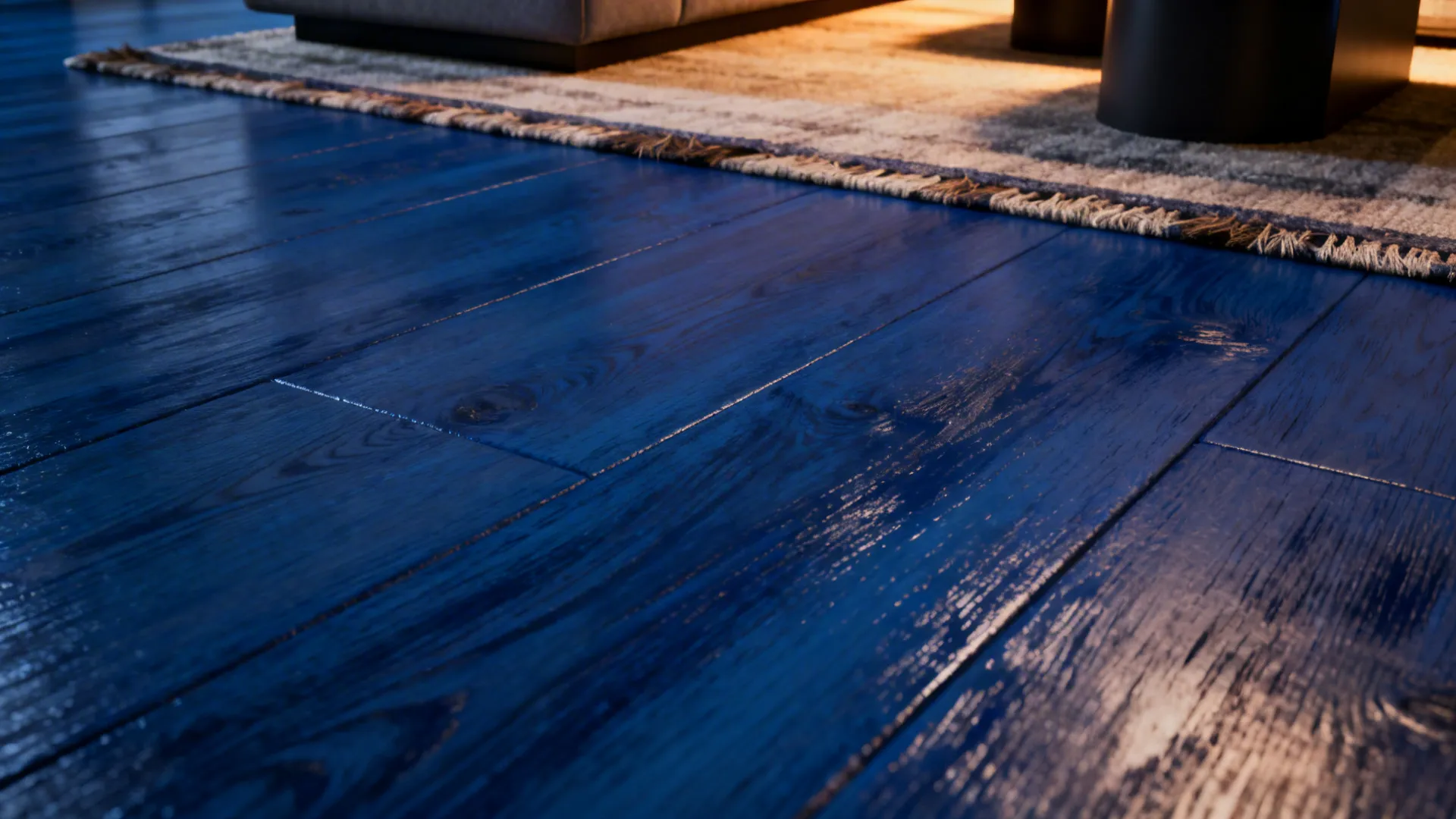 Close-up of a deep blue stained wood floor accent showing texture and finish under a seating area.
