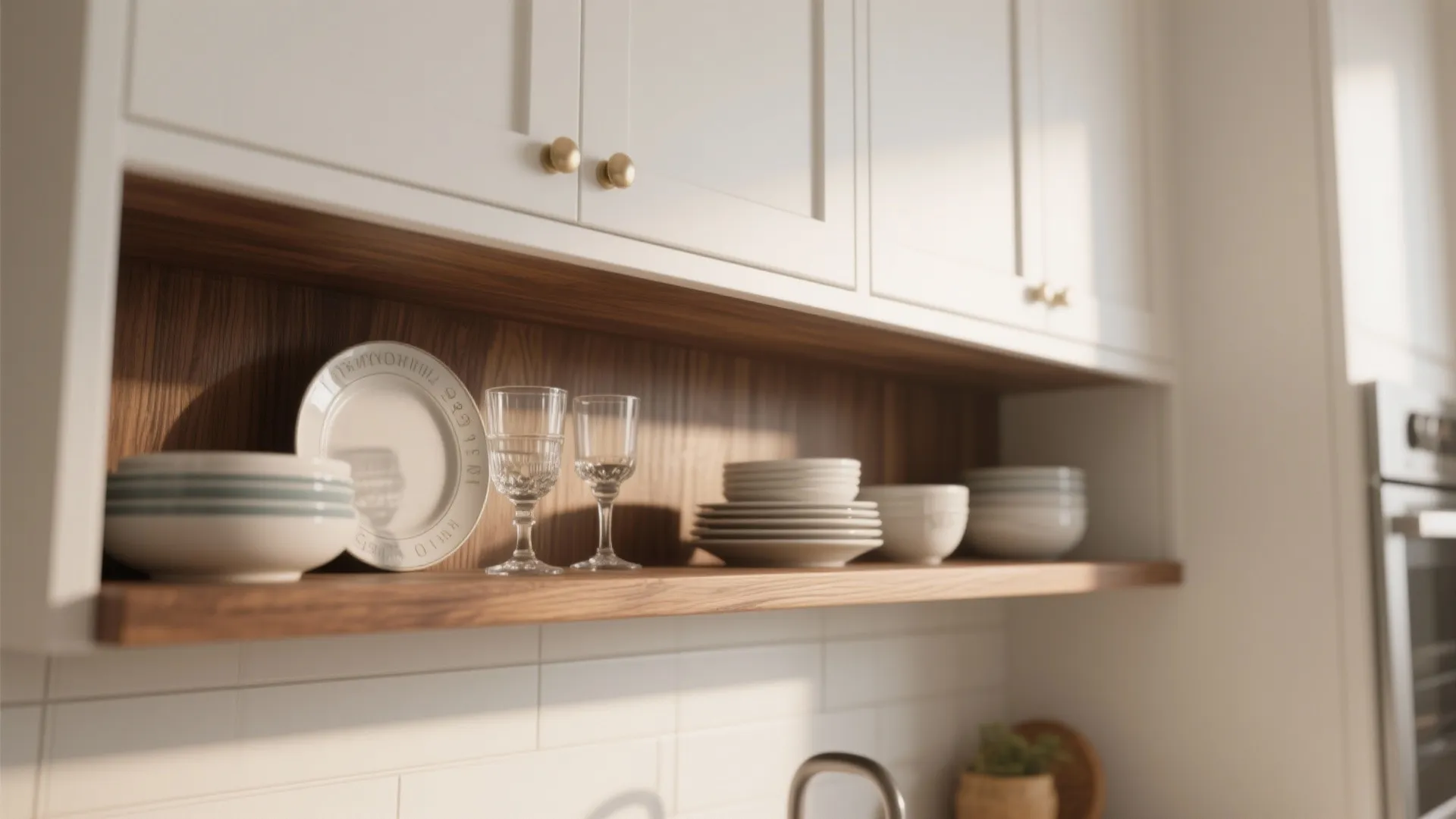 4. Stained Open Shelves, White Cabinets