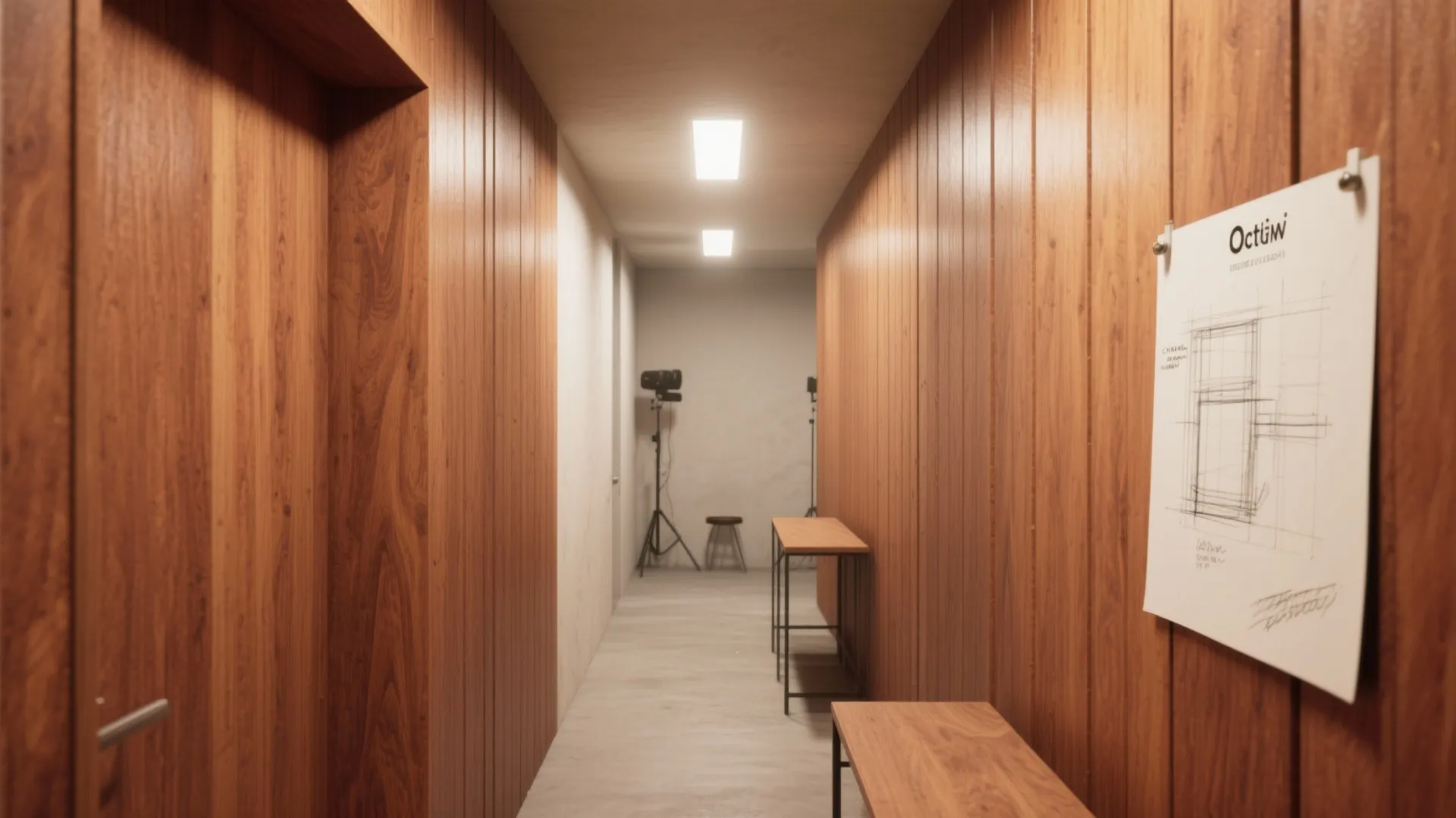 Modern hallway with wood wall panels wooden furniture bright ceiling lights and interior design drawing