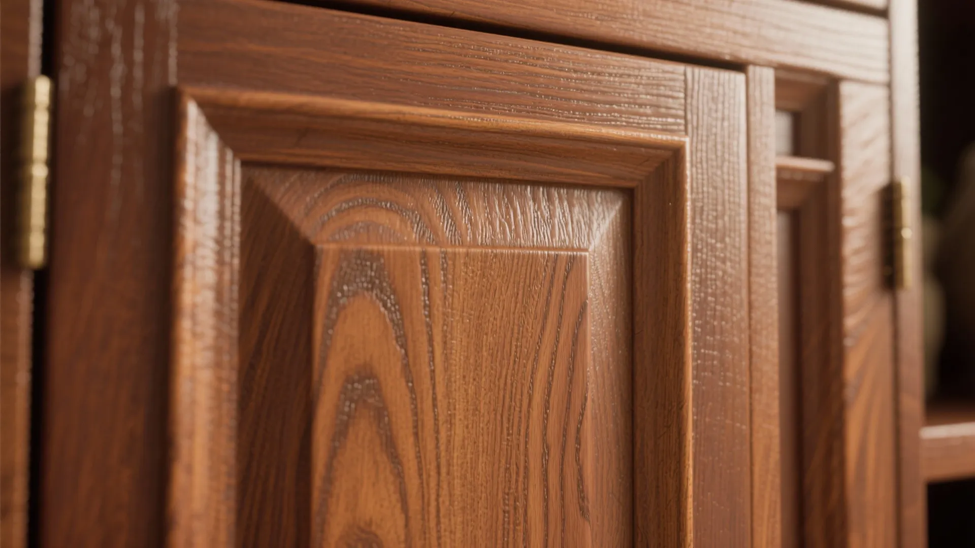 Close-up of brown stained wood cabinet door highlighting natural grain