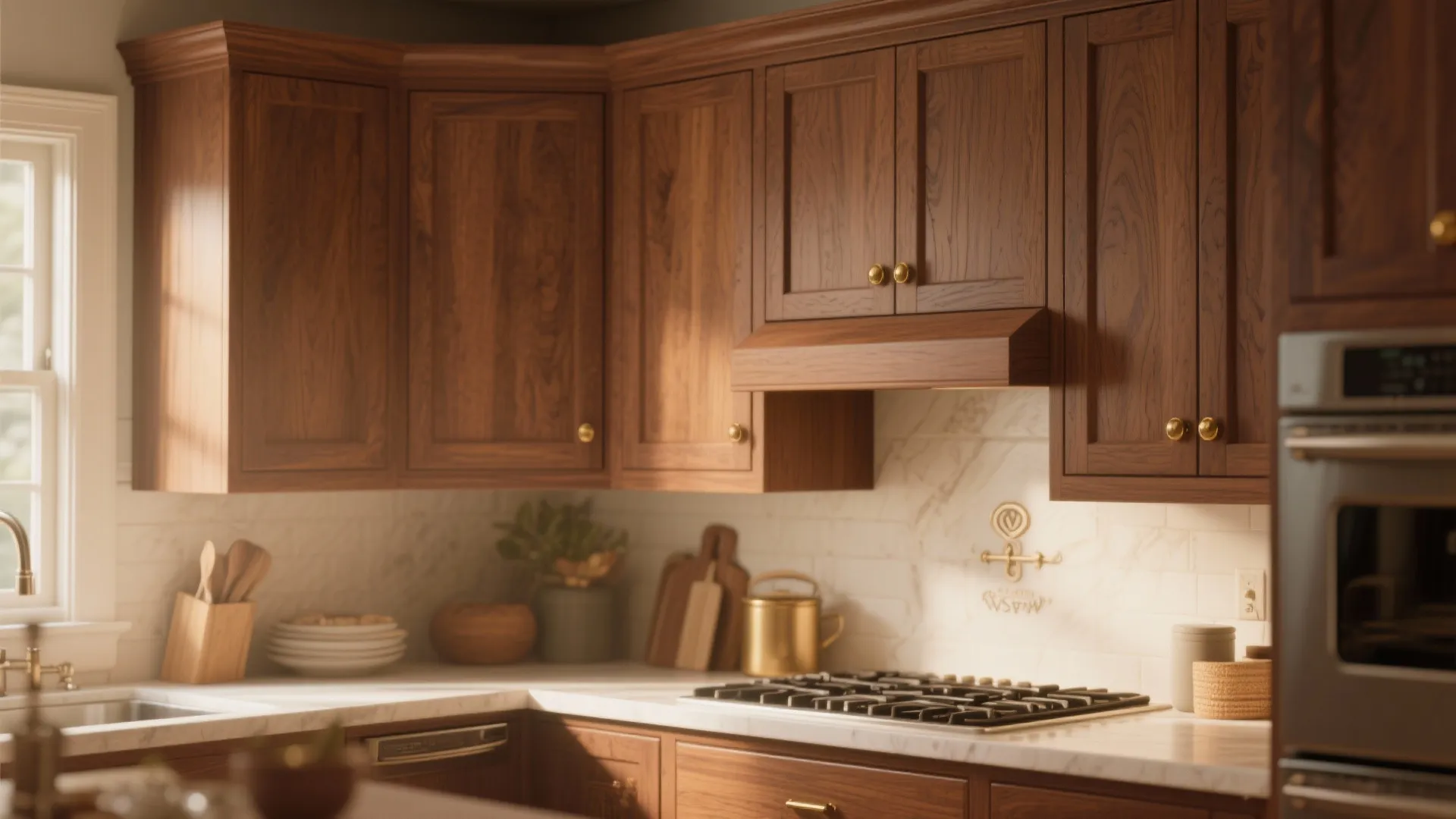 Warm kitchen design featuring dark wood cabinets marble countertop built in oven and golden metal hardware