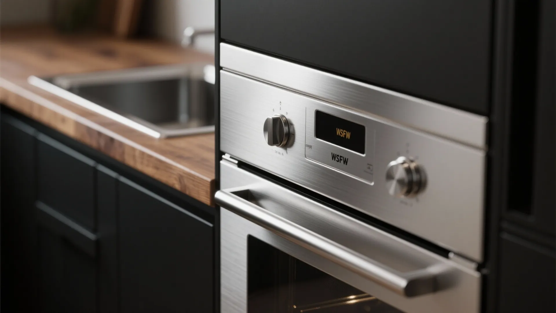 Close up of a modern silver built in oven with knobs and digital display screen