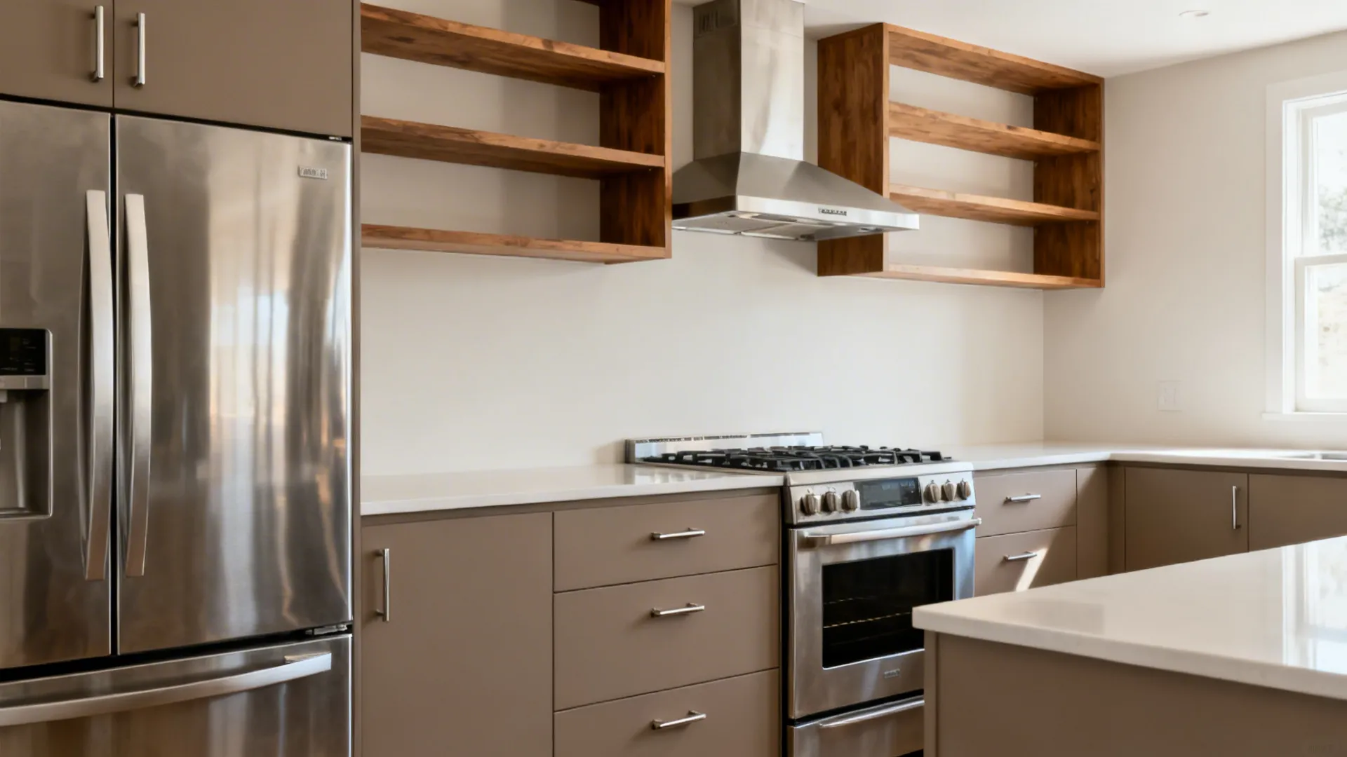 Stainless appliances contrasted with matte taupe cabinets and wood shelves in a small kitchen.