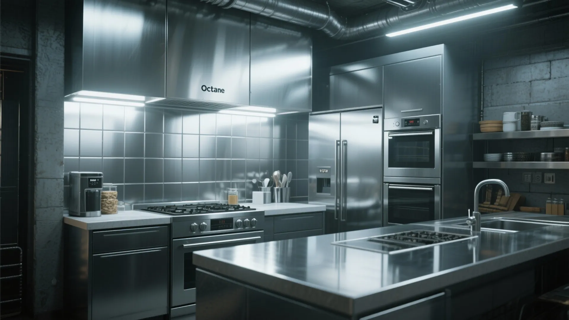 Industrial style kitchen with stainless steel backsplash plus matching cabinets and a large metal island