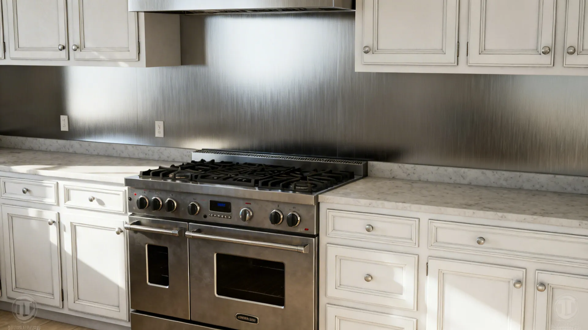 Professional cooking zone with white cabinets and a brushed stainless steel backsplash.