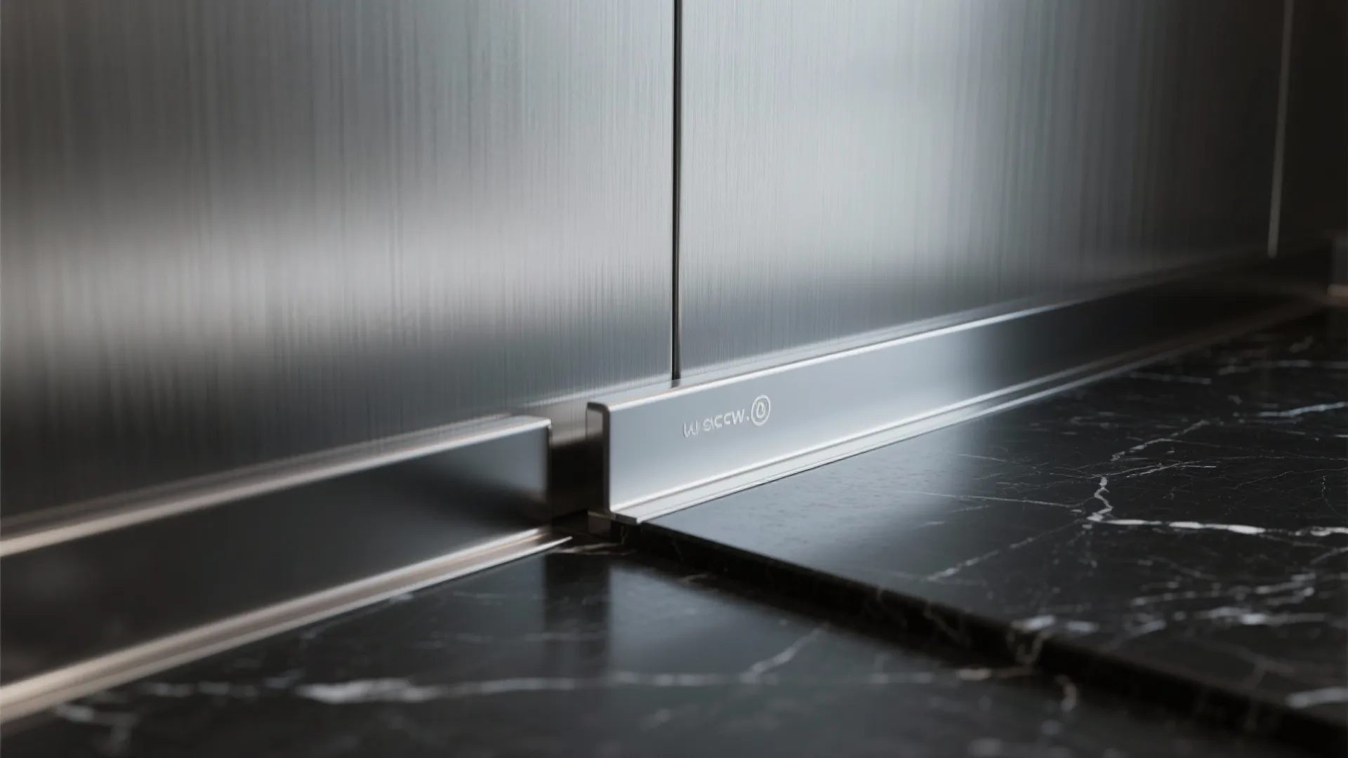Seamless brushed stainless backsplash meeting a honed black quartz countertop in close detail.